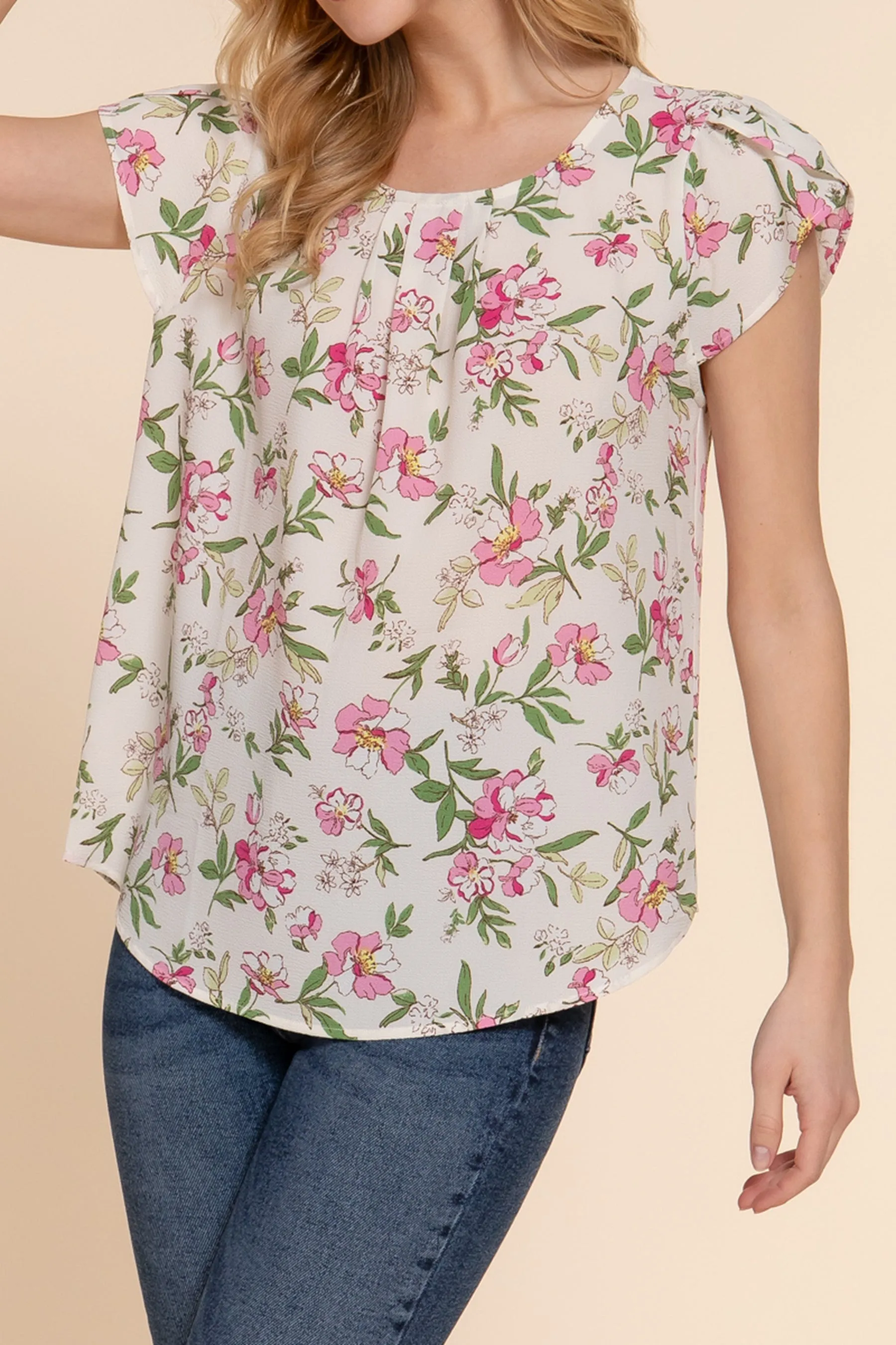 Women's Floral Print Woven Top with Short Tulip Sleeves Round Neck