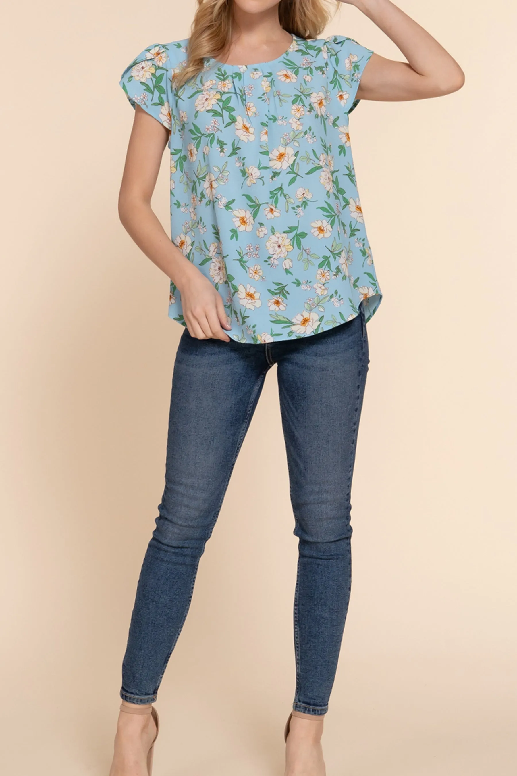 Women's Floral Print Woven Top with Short Tulip Sleeves Round Neck