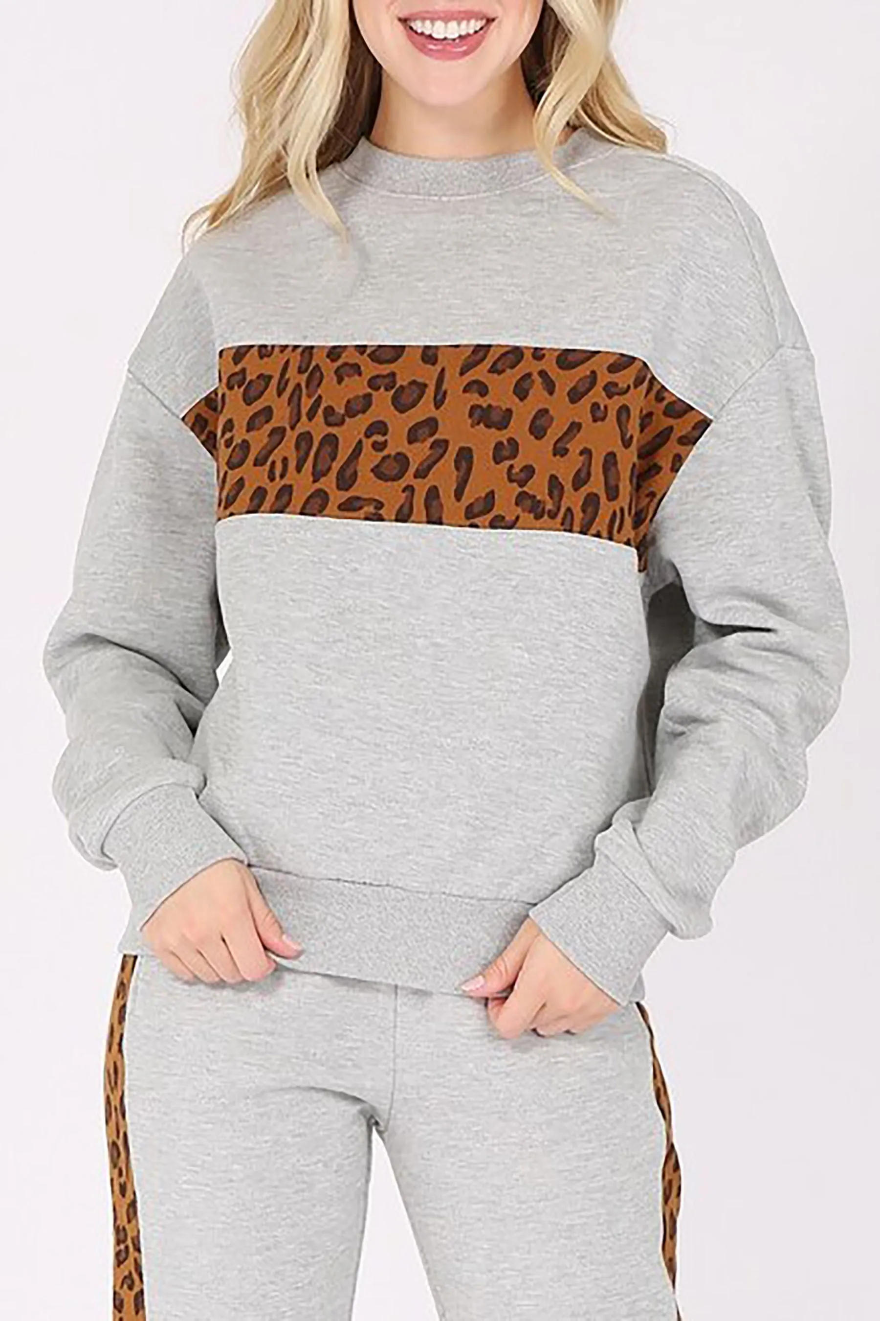 Women's Leopard Print Color Block Fleece Sweatshirt